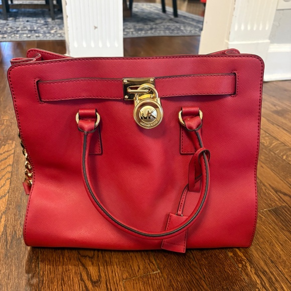 🌞MICHAEL KORS HAMILTON LARGE MANDARIN RED/GOLD SAFFIANO  MICHAEL KORS HAMILTON LARGE NS MANDARIN RED SAFFIANO LEATHER TOTE BAG